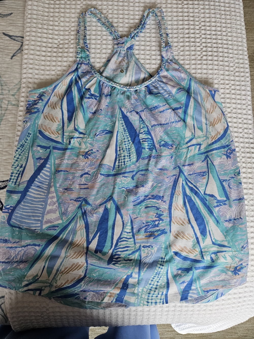 Lilly Pulitzer Aleida tank top featuring a sailboat print and braided straps